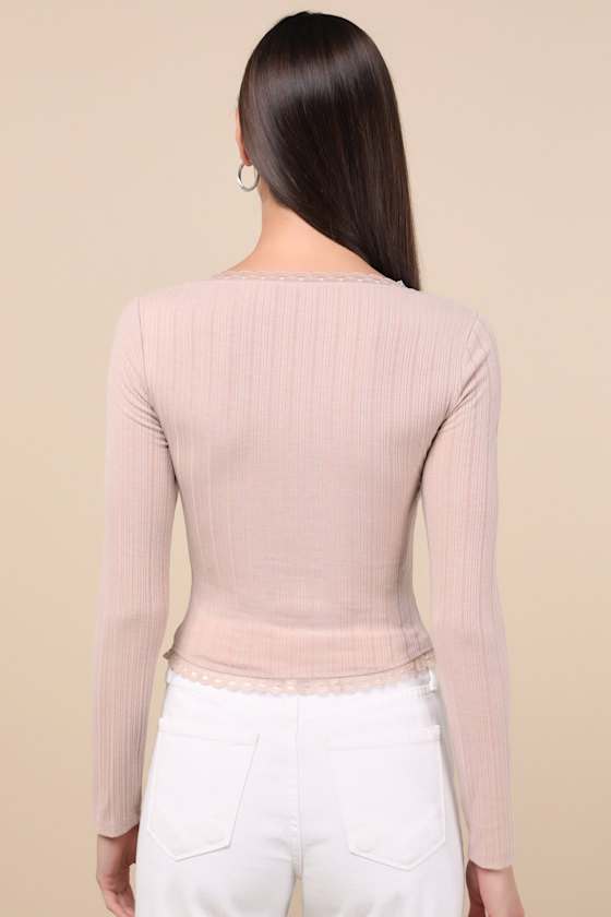 Lulus Celise Light Taupe Pointelle Knit Long Sleeve Top In Taupe