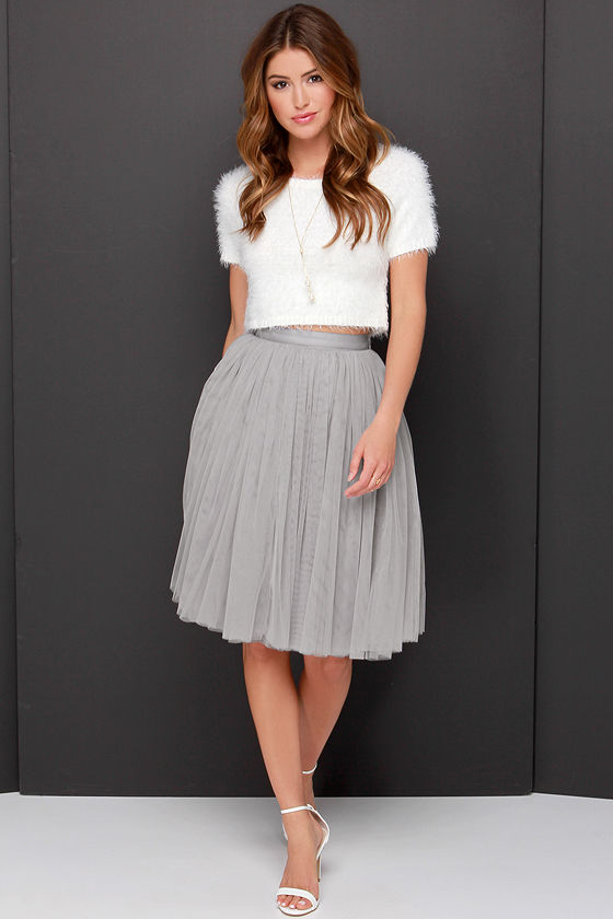 grey skirt and white top