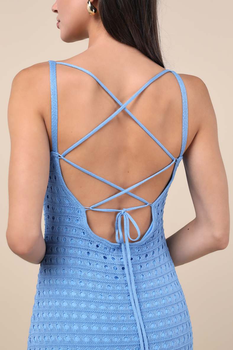 Ventura Vision Blue Crochet Lace-Up Midi Dress