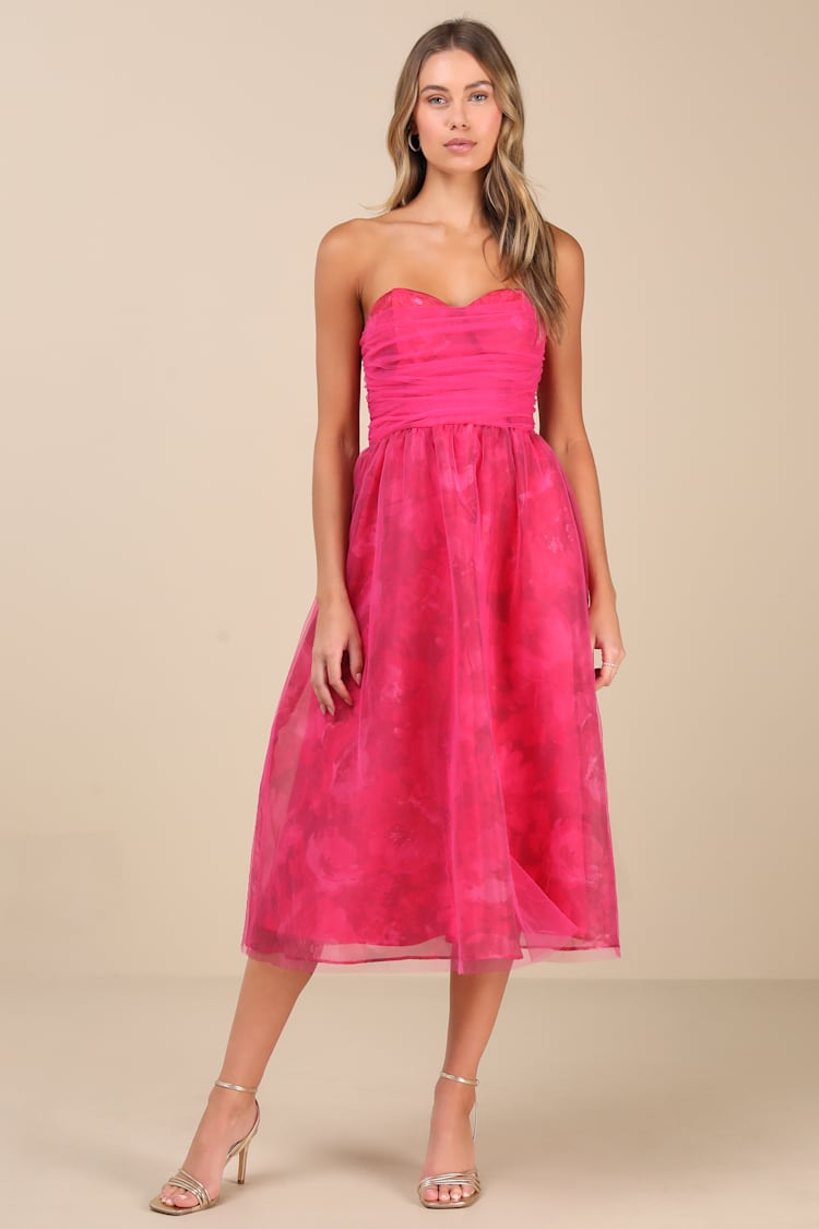 Splendidly Yours Pink Floral Organza Mesh Strapless Midi Dress