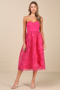Splendidly Yours Pink Floral Organza Mesh Strapless Midi Dress