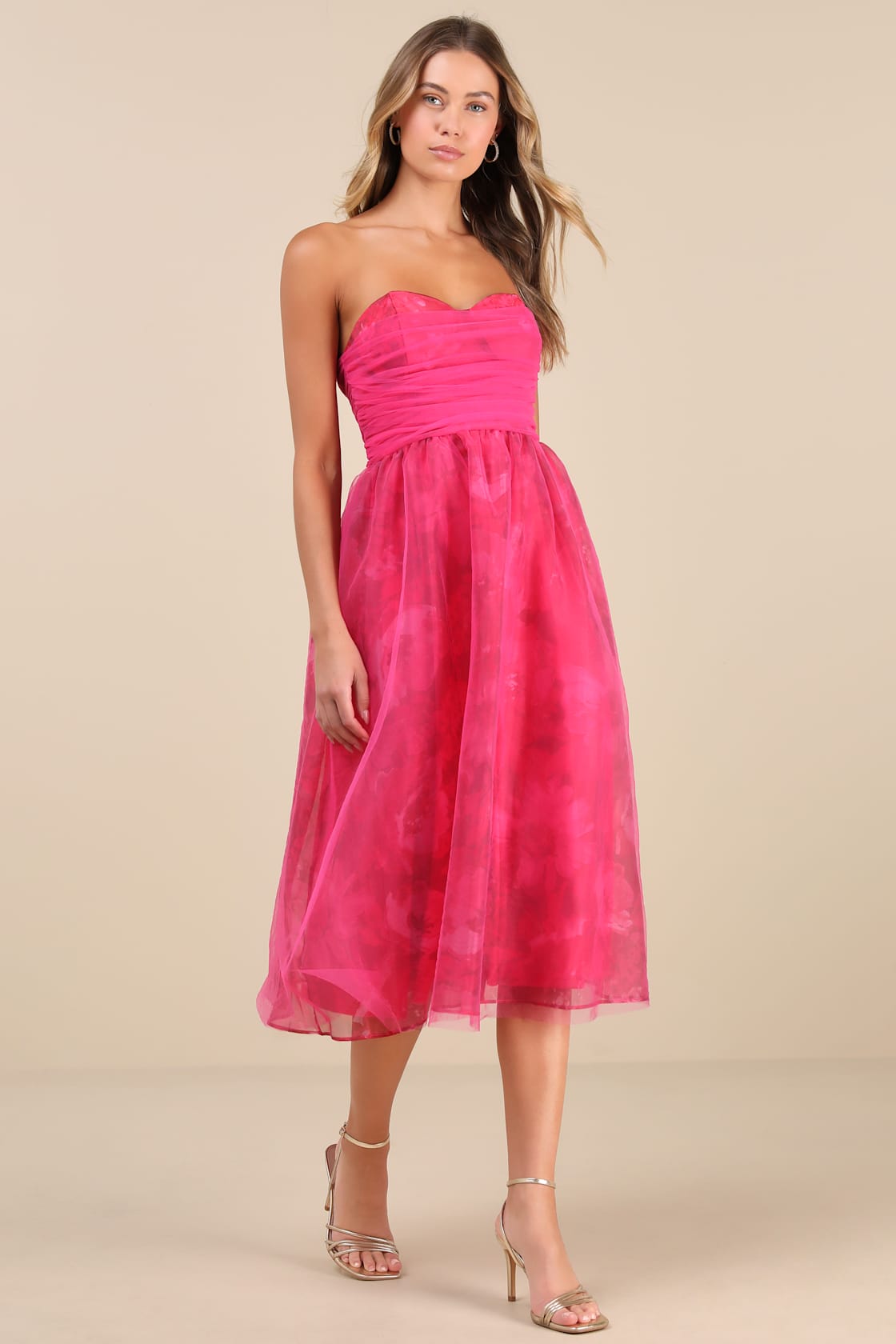 Splendidly Yours Pink Floral Organza Mesh Strapless Midi Dress