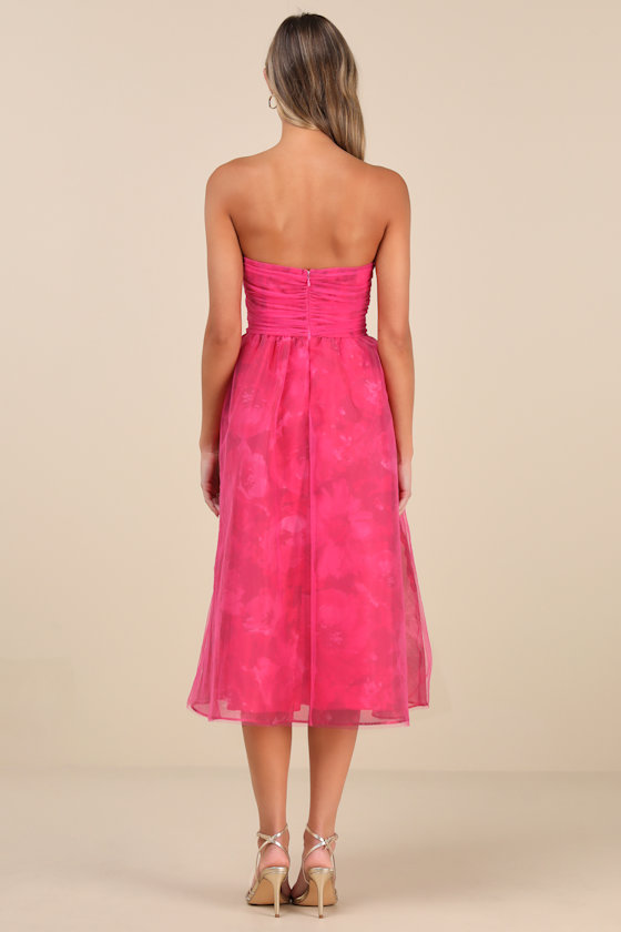 Lulus Splendidly Yours Pink Floral Organza Mesh Strapless Midi Dress In Pink