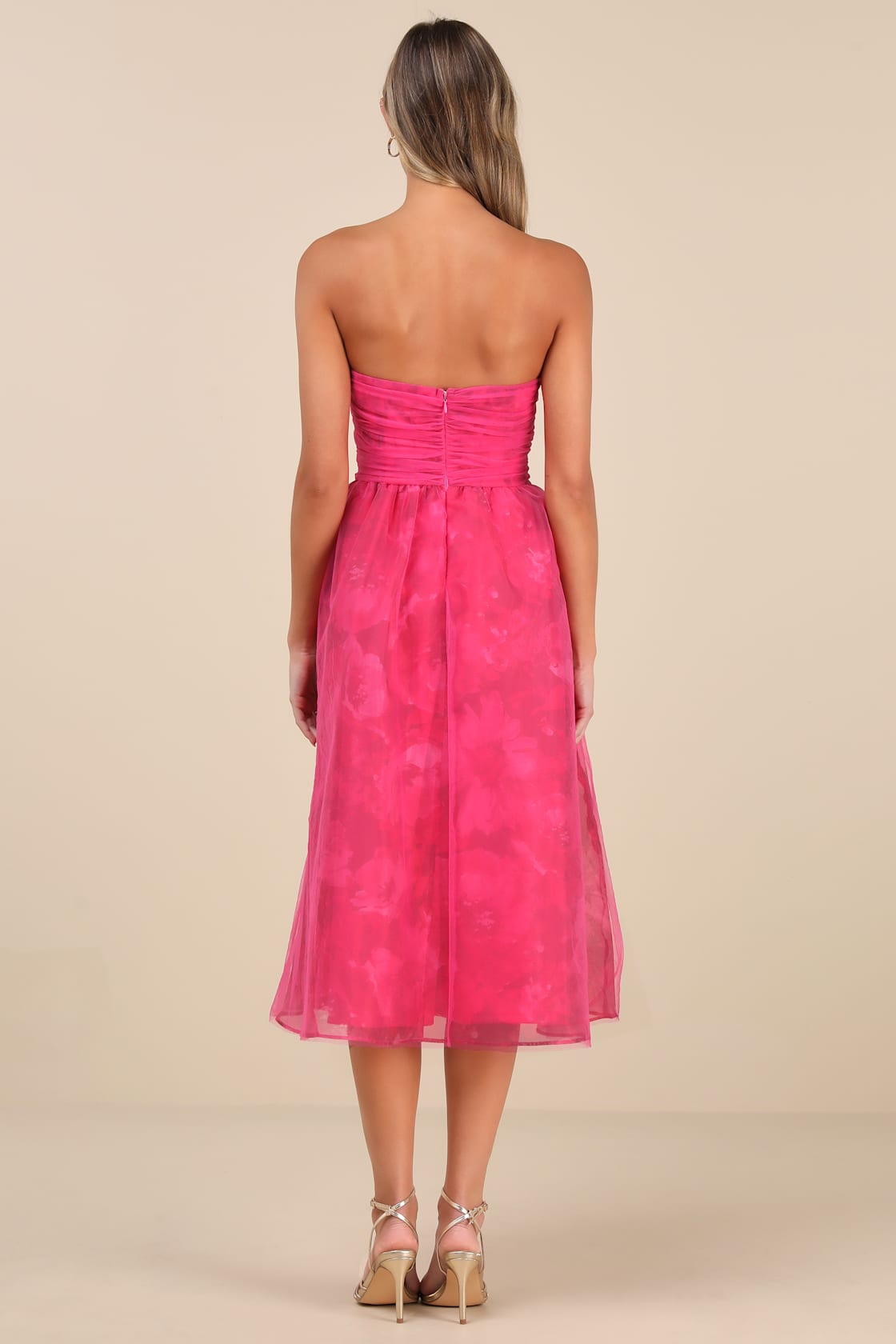 Splendidly Yours Pink Floral Organza Mesh Strapless Midi Dress