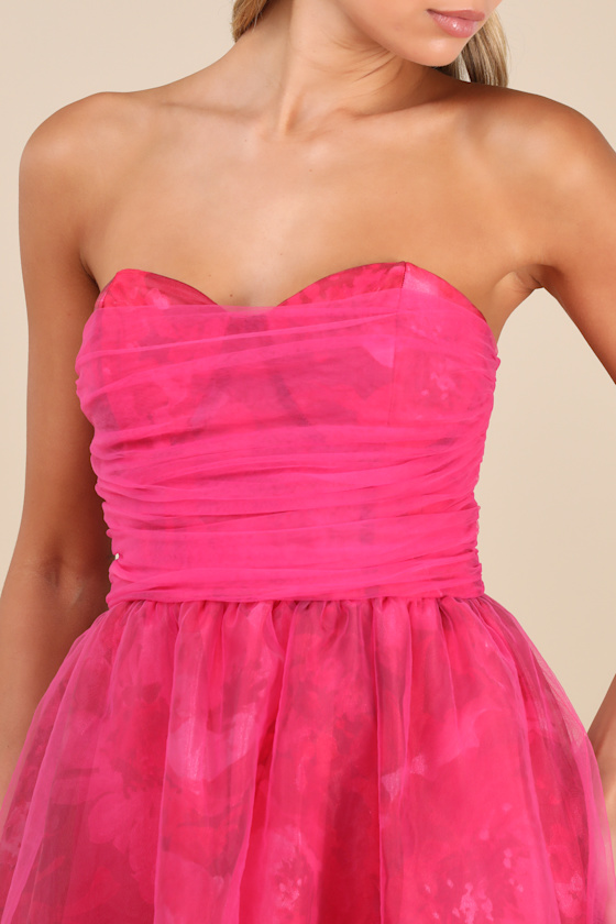 Lulus Splendidly Yours Pink Floral Organza Mesh Strapless Midi Dress In Pink