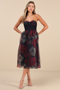 Splendidly Yours Navy Floral Organza Mesh Strapless Midi Dress
