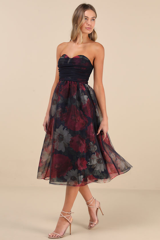 Lulus Splendidly Yours Navy Floral Organza Mesh Strapless Midi Dress In Navy