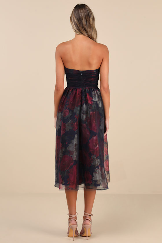 Lulus Splendidly Yours Navy Floral Organza Mesh Strapless Midi Dress In Navy