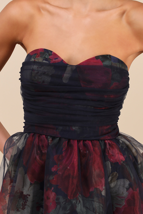 Lulus Splendidly Yours Navy Floral Organza Mesh Strapless Midi Dress In Navy