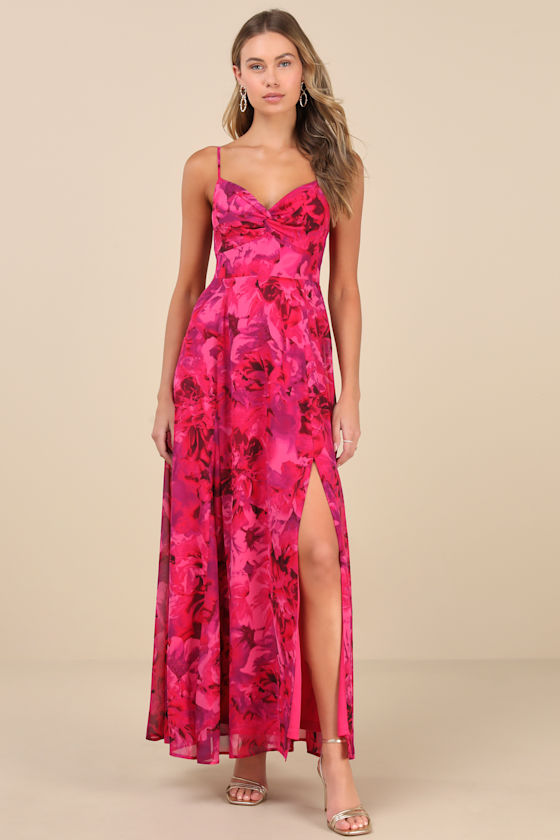 Shop Lulus Beautiful Soul Fuchsia Floral Print Twist-front Maxi Dress