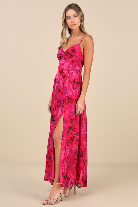 Shop Lulus Beautiful Soul Fuchsia Floral Print Twist-front Maxi Dress
