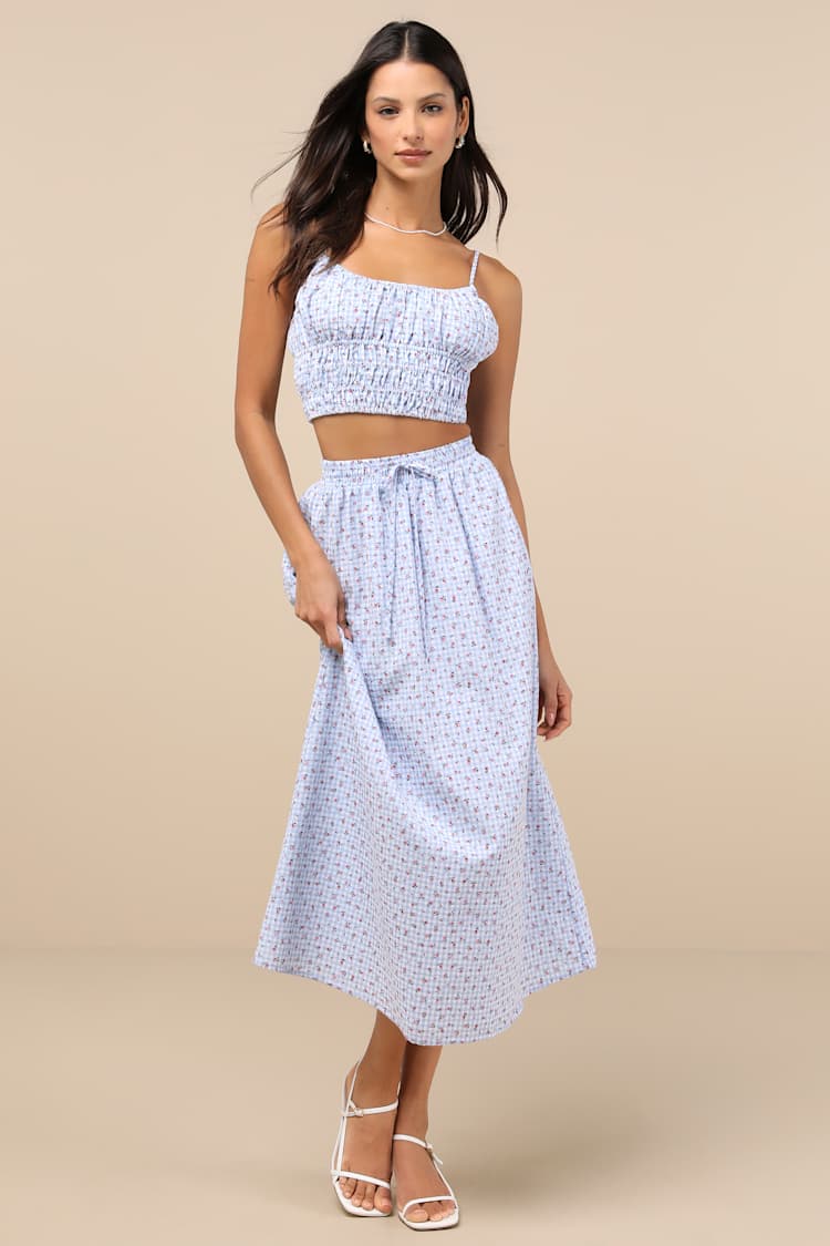 Lulus | Blue Gingham Two-Piece Midi Dress | Womens | X-Large | 100% Cotton