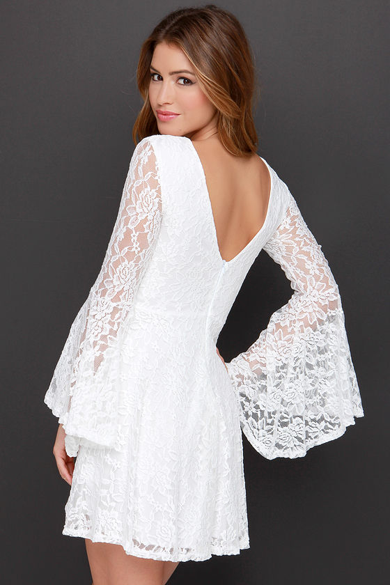 Cute White Dress - Long Sleeve Dress - Lace Dress - $38.00
