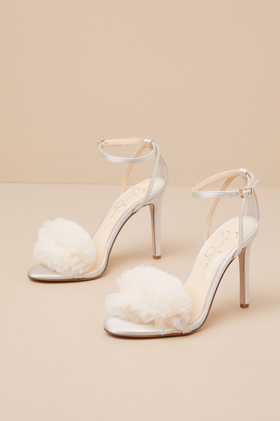 Jessica Simpson Jilria Soft Ivory Satin Ankle Strap High Heel Sandals In Ivory