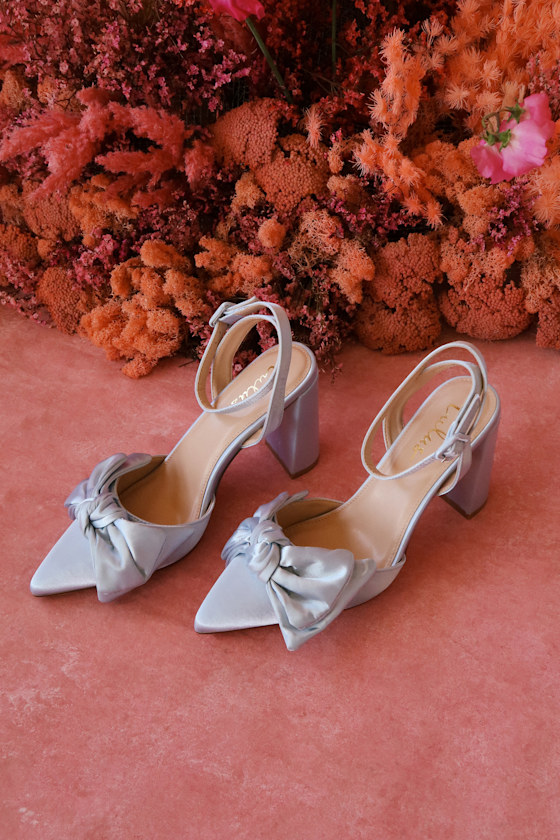 Suttonn Blue Satin Bow Ankle Strap Pointed-Toe Pumps 5
