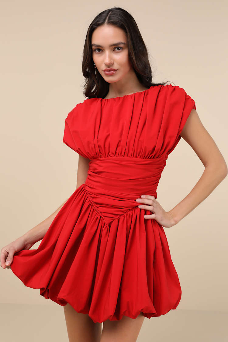 Orla Red Ruched Cap Sleeve Bubble-Hem Mini Dress