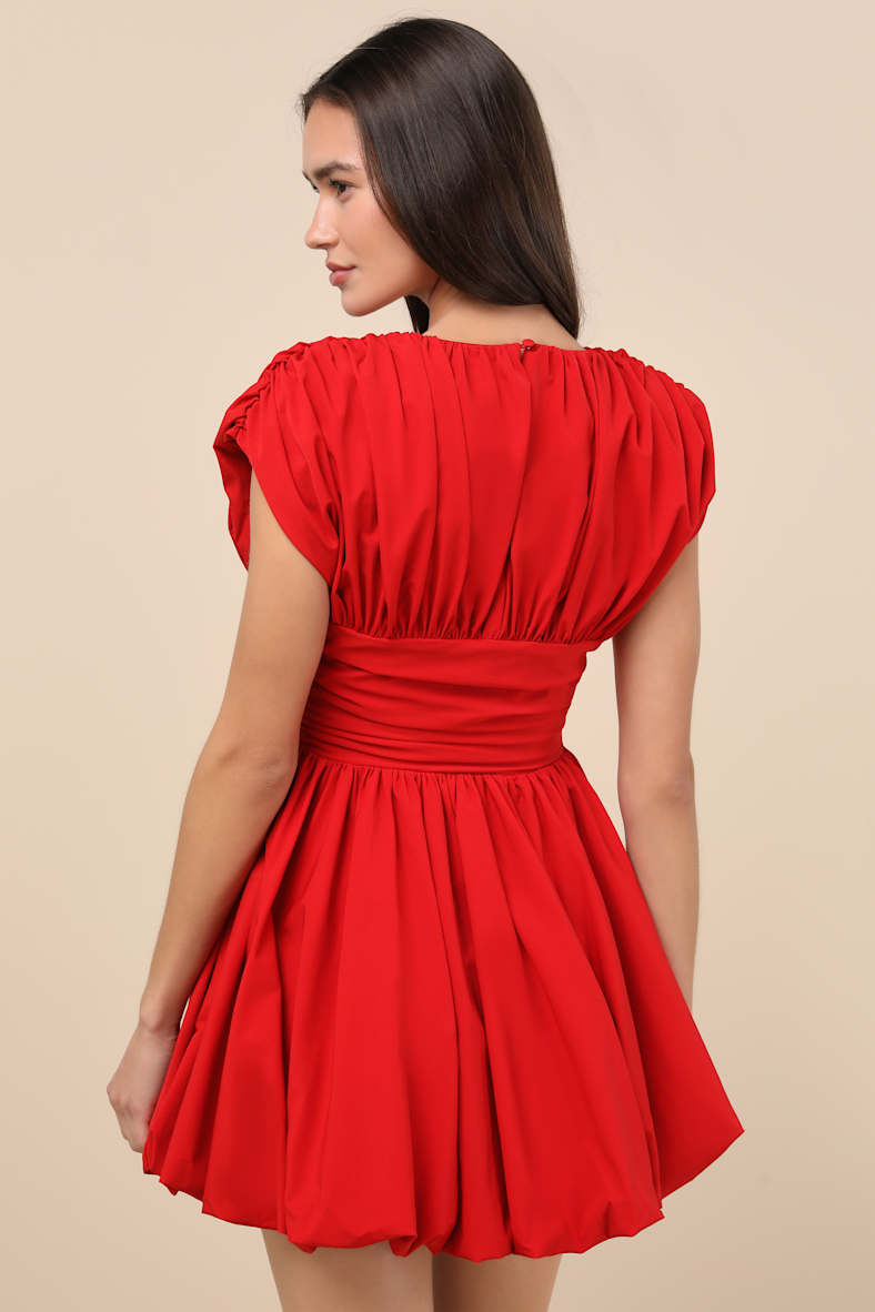 Orla Red Ruched Cap Sleeve Bubble-Hem Mini Dress