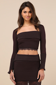 Cozy Knit Dark Brown Long Sleeve Crop Top 5