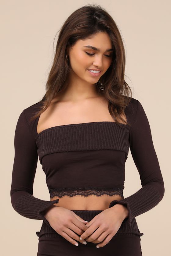 Zemeta Cozy Knit Top - Dark Brown Knit Top - Long Sleeve Crop Top - Image 4