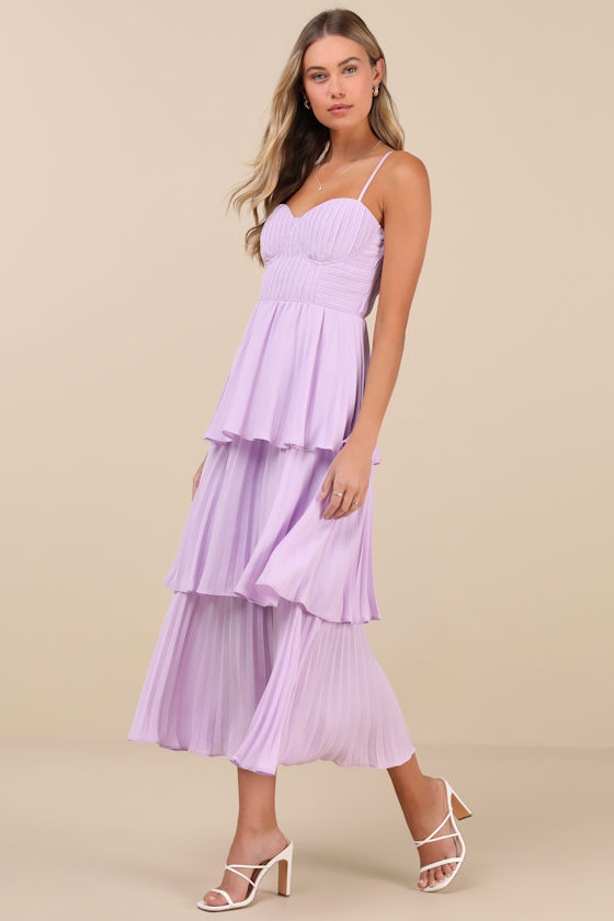 Lulus Cascading Crush Lavender Floral Print Tiered Bustier Midi Dress In Purple