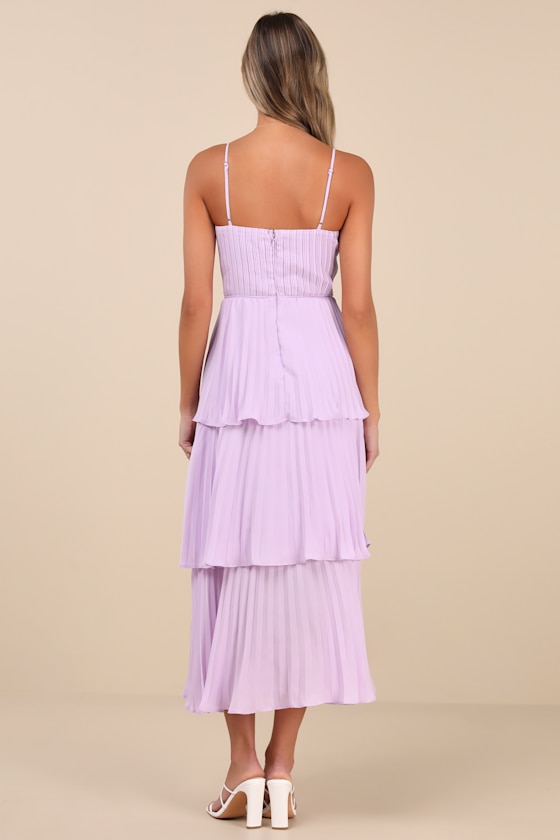 Lulus Cascading Crush Lavender Floral Print Tiered Bustier Midi Dress In Purple