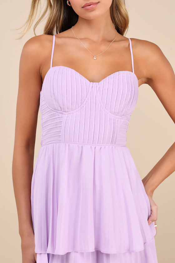 Lulus Cascading Crush Lavender Floral Print Tiered Bustier Midi Dress In Purple