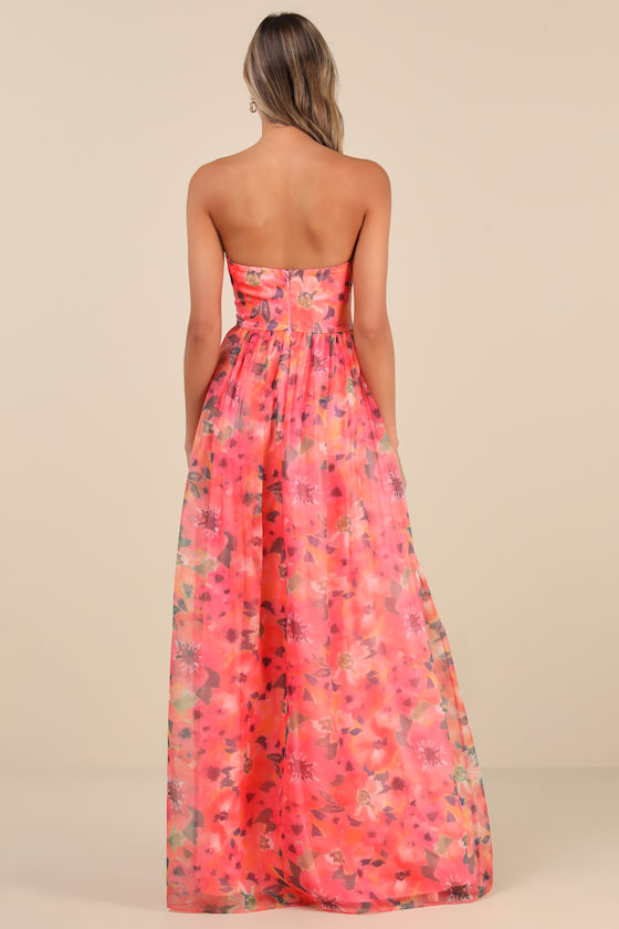 Wonderful Waltz Coral Floral Print Strapless Bustier Maxi Dress - thumbnail 2