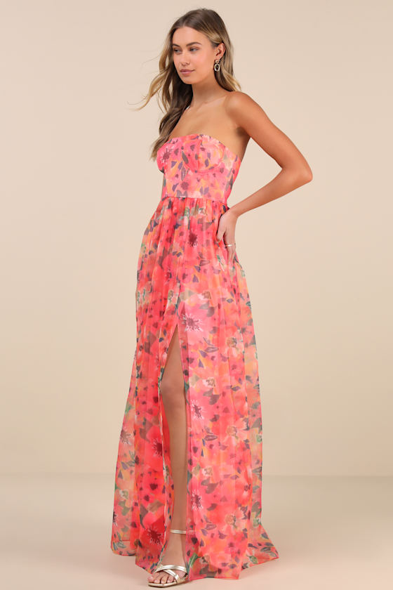 Wonderful Waltz Coral Floral Print Strapless Bustier Maxi Dress - thumbnail 3