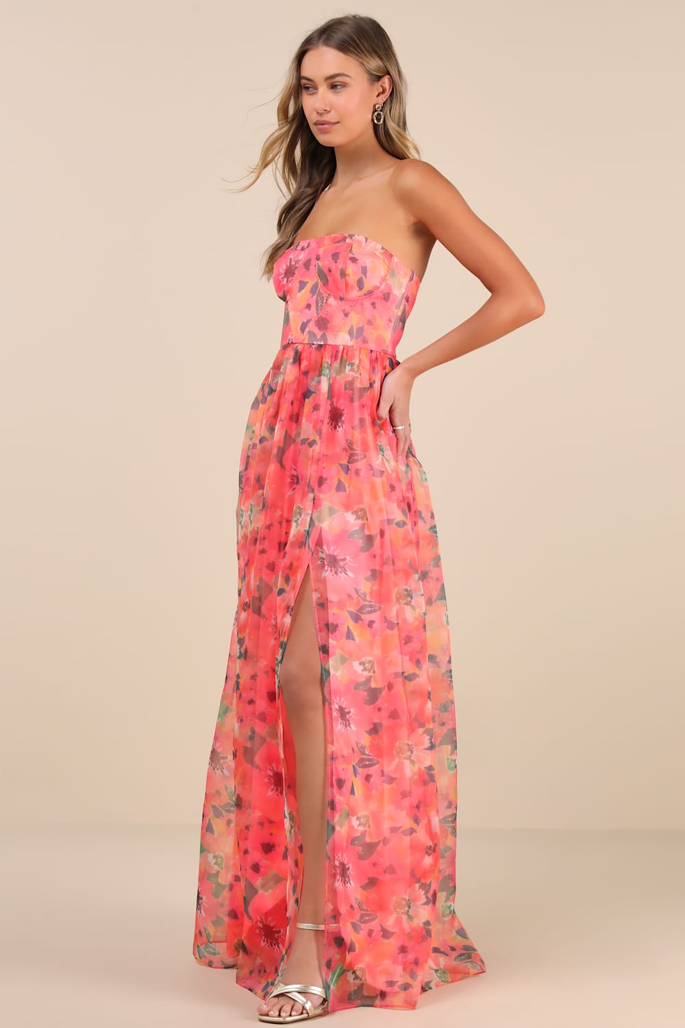 Wonderful Waltz Coral Floral Print Strapless Bustier Maxi Dress