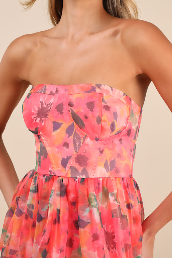 Wonderful Waltz Coral Floral Print Strapless Bustier Maxi Dress - thumbnail 4