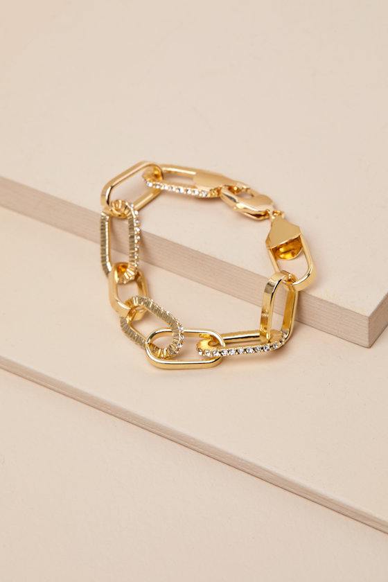LULUS ELEGANT INCLUSION GOLD RHINESTONE CHAIN LINK BRACELET