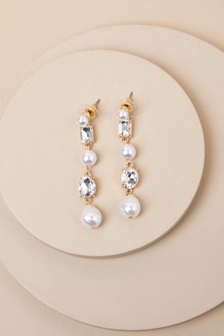Glistening Addition Gold Pearl and Rhinestone Drop Earrings
