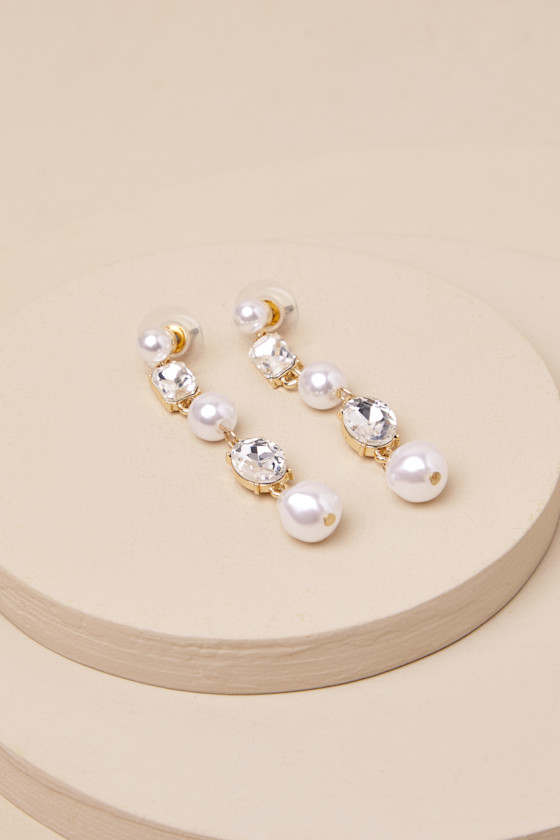 Lulus Glistening Addition Gold Pearl And Rhinestone Drop Earrings In Gold