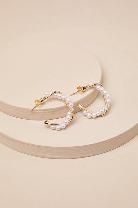 Lulus Ciena Gold Pearl Twisted Hoop Earrings