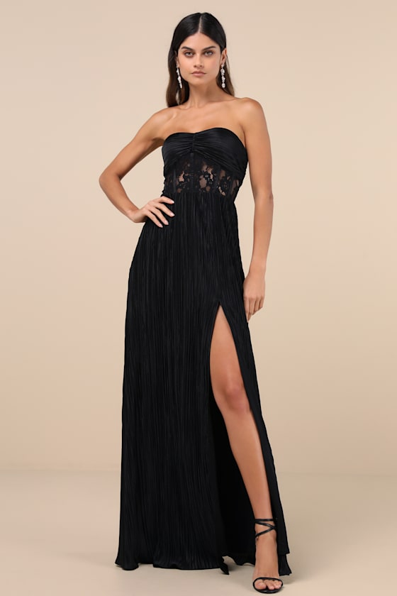 Lulus Desme Black Satin Plisse Strapless Maxi Dress