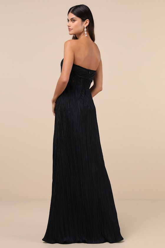 Lulus Desme Black Satin Plisse Strapless Maxi Dress In Black