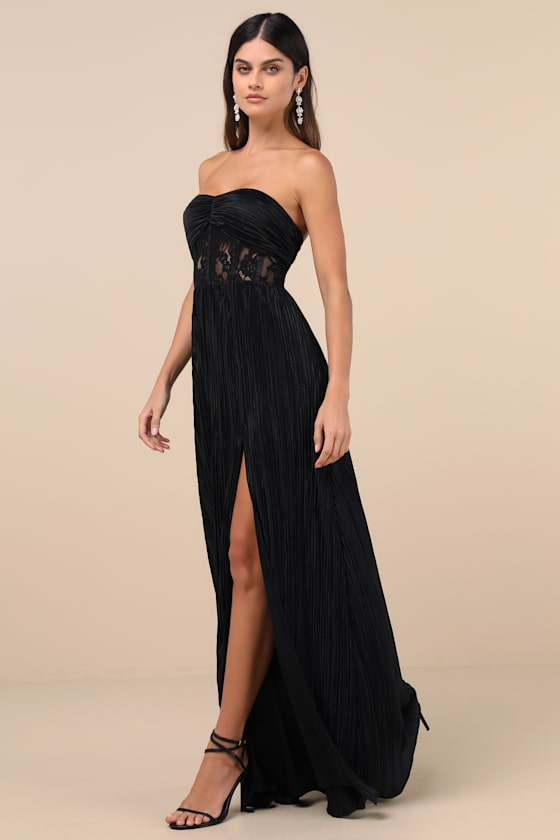 Lulus Desme Black Satin Plisse Strapless Maxi Dress In Black