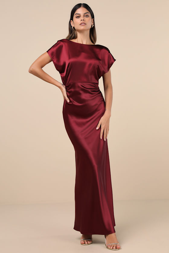 Captivating Presence Wine Red Satin Cowl Back Maxi Dress 1