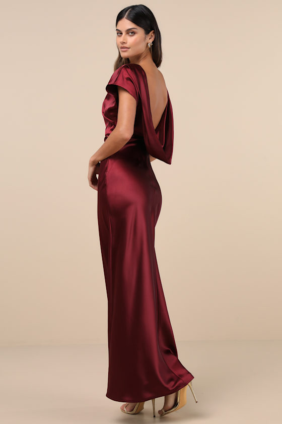 Lulus Captivating Presence Wine Red Satin Cowl Back Maxi Dress In Wine Red
