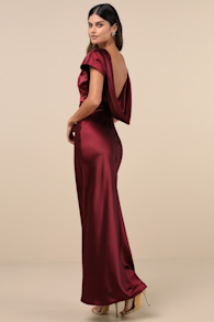 Captivating Presence Wine Red Satin Cowl Back Maxi Dress 4