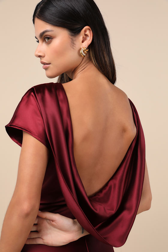 Lulus Captivating Presence Wine Red Satin Cowl Back Maxi Dress In Wine Red
