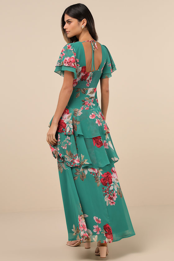 LULUS MIDNIGHT MOOD TEAL GREEN FLORAL PRINT TIERED MAXI DRESS