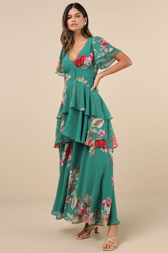 LULUS MIDNIGHT MOOD TEAL GREEN FLORAL PRINT TIERED MAXI DRESS