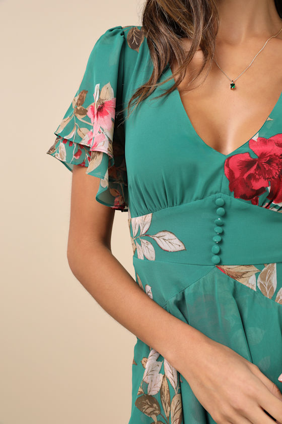 LULUS MIDNIGHT MOOD TEAL GREEN FLORAL PRINT TIERED MAXI DRESS