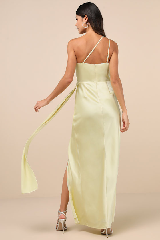 LULUS SIGNATURE ELEGANCE PALE YELLOW SATIN ONE-SHOULDER MAXI DRESS