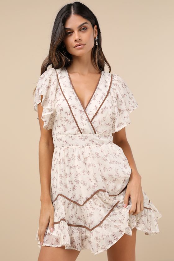 Image of Adored Outing Ivory Floral Flutter Sleeve Surplice Mini Dress