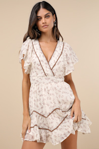 Adored Outing Ivory Floral Flutter Sleeve Surplice Mini Dress