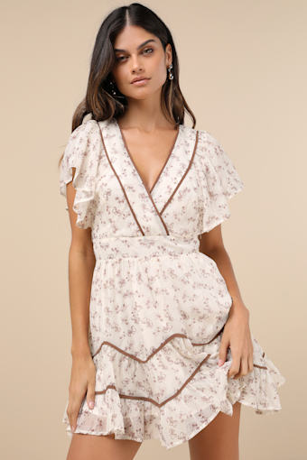 Adored Outing Ivory Floral Flutter Sleeve Surplice Mini Dress 4