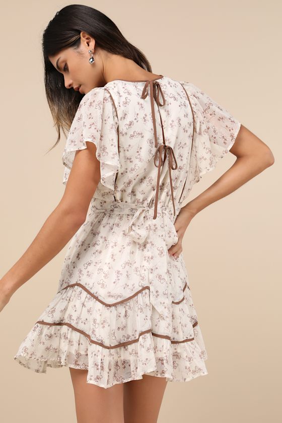 Lulus Adored Outing Ivory Floral Flutter Sleeve Surplice Mini Dress In Ivory