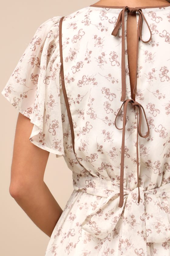 Lulus Adored Outing Ivory Floral Flutter Sleeve Surplice Mini Dress In Ivory